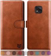 suapow leather wallet case with rfid blocking for moto g power 2021, flip folio book phone cover with credit card holder, shockproof protection for men and women - light brown logo