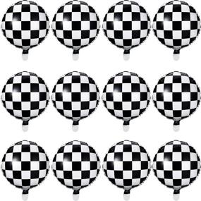 img 4 attached to 🏁 Racing Themed Checkered Balloon Set - Checkerboard Aluminum Foil Balloons in Black and White for Party Decorations, 18 Inches (Pack of 12)