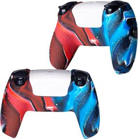 img 2 attached to 🎮 YoRHa Studded Silicone Cover Skin Case for PS5 Dualsense Controller: Camou Red & Blue with Pro Thumb Grips (8-Pack)