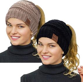 img 4 attached to 🧣 Rosoz 2 Pack Women's Ponytail Beanie - Winter Warm Beanie Tail Hat with Soft Stretch Cable Knit for Messy High Bun