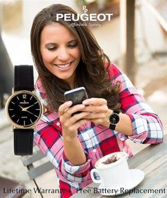 img 3 attached to ⌚ Женские наручные часы Peugeot классического стиля на каждый день - круглый корпус с позолоченным покрытием из 14-каратного золота с кожаным ремешком.