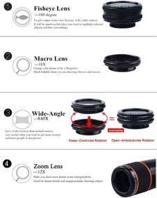 img 2 attached to 📷 Apexel 4 in 1 Camera Lens Kit - 12x Black Telephoto Lens, Silver Fisheye, Wide Angle, Macro Lens - Universal Clip for iPhone, iPad, Samsung Galaxy, Sony, LG, Motorola, HTC