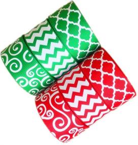 img 1 attached to 🎀 Vibrant Christmas Ribbon Set: 30 Yards of 1 Inch Red Green Grosgrain Ribbon with Chevron Swirl and Quatrefoil Prints