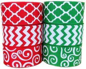 img 2 attached to 🎀 Vibrant Christmas Ribbon Set: 30 Yards of 1 Inch Red Green Grosgrain Ribbon with Chevron Swirl and Quatrefoil Prints