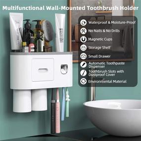 img 3 attached to 🦷 Wall Mounted Toothbrush Holder with Auto Toothpaste Dispenser - Magnetic Toothbrush Holder for Bathroom and Vanity, 4 Brush Slots, 2 Cups, 1 Cosmetic Drawer, 1 Large Storage Tray by Showgoca