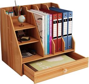 img 4 attached to 🗄️ Wooden Desk Organizer with Drawer - Storage for Office Supplies, Multi-Functional Desktop Caddy, Easy Assembly - Ideal for Office, School, and Home Use