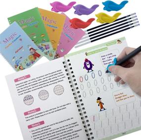 img 3 attached to Enhance Handwriting Skills with 4-Pack Magic Practice Copybooks - English Calligraphy, Reusable Set with Pen Refills & Grips for Alphabet, Drawing, Number, and Math Learning