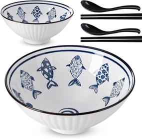 img 4 attached to 🍜 Ceramic Japanese Noodle Ramen Bowls Set with Chopsticks & Spoons - 6 Piece Dishwasher Safe Bowl Set for Kitchen, Pho, Udon, Soba, Noodle Salad, Pasta - JH JIEMEI HOME