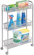 mdesign steel rolling utility cart organizer trolley with 3 basket shelves - for 🛒 living room, kitchen, laundry room, bathroom storage - holds cleaning detergents, hand soap - silver logo