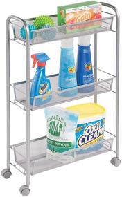 img 4 attached to mDesign Steel Rolling Utility Cart Organizer Trolley with 3 Basket Shelves - for 🛒 Living Room, Kitchen, Laundry Room, Bathroom Storage - Holds Cleaning Detergents, Hand Soap - Silver