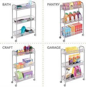 img 1 attached to mDesign Steel Rolling Utility Cart Organizer Trolley with 3 Basket Shelves - for 🛒 Living Room, Kitchen, Laundry Room, Bathroom Storage - Holds Cleaning Detergents, Hand Soap - Silver