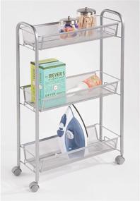 img 2 attached to mDesign Steel Rolling Utility Cart Organizer Trolley with 3 Basket Shelves - for 🛒 Living Room, Kitchen, Laundry Room, Bathroom Storage - Holds Cleaning Detergents, Hand Soap - Silver