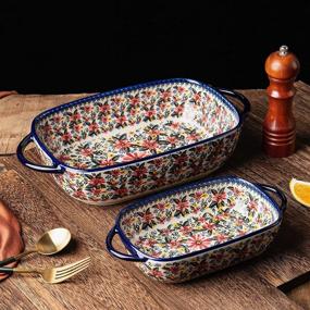 img 1 attached to 🍽️ ONECCI Exotic Daisy Ceramic Baking Dish Set: Blue Casserole & Rectangular Pans for Oven - 2pcs Bakeware Sets for Lasagna & More