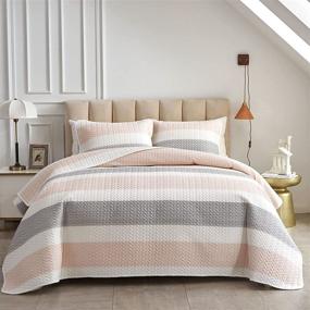 img 4 attached to 💖 Joyreap 3-Piece Quilt Set King - Light Gray and Pink Stripes on White - Soft Bedspread for All Seasons - 1 Quilt + 2 Pillow Shams - 102x90 inches