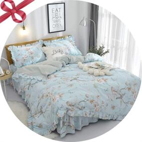 img 4 attached to FADFAY Farmhouse Floral Bedding Set - Shabby Blue Bird Print, French Countryside Chic 🌸 Style, Luxury Bedskirt Collections, 800 Thread Count 100% Egyptian Cotton, 4 Piece Queen Size Bedding