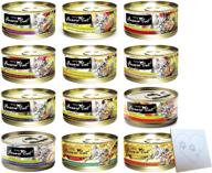 🐱 fussie cat premium variety pack - 12 flavors: tuna & shrimp, chicken & liver, tuna & prawn, tuna & bream, chicken & vegetable, tuna & clam, including (1) pet paws notepad and more! each can 2.82oz, 12 total cans logo