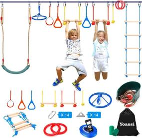 img 4 attached to 🧗 Ninja Warrior Obstacle Course for Kids: Yoassi 50FT Slackline with Swing, Rope Ladder, and Hanging Wheel - Empowering Fun and Fitness in Backyard and Park