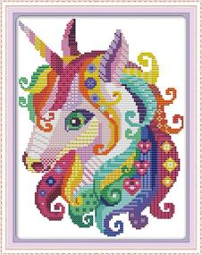 img 1 attached to 🌈 Joy Sunday Cross Stitch Kits: Stamped Rainbow Unicorn - Easy Patterns for Girls - DMC Cross-Stitch Supplies - Animal Series