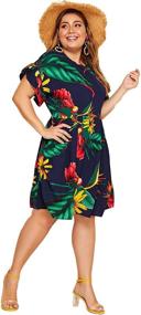 img 1 attached to 🌴 Stylish and Flattering: Milumia Women's Plus Size Tropical Leaf Print Ruffle Sleeve Pleated Short Dress