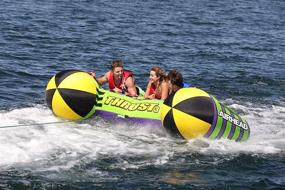 img 3 attached to Experience Exhilarating Fun with AIRHEAD Thrust, 3 Rider Towable Tube in Vibrant Green/Purple!
