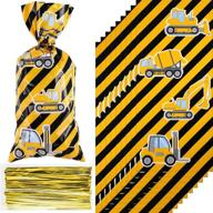 100 piece construction themed cellophane bags with golden twist ties - perfect party supplies for kids boys, truck themed candy treat, favor & gift bags logo