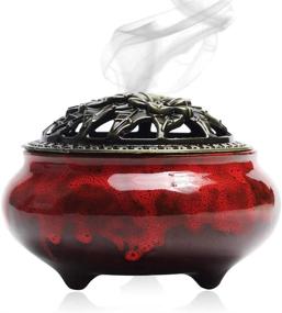 img 4 attached to Red Ceramic Incense Burner with Brass Lid: 3-in-1 Holder for Home Decor, Yoga, Spa & Meditation