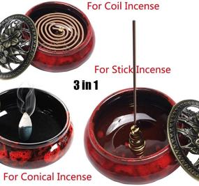 img 3 attached to Red Ceramic Incense Burner with Brass Lid: 3-in-1 Holder for Home Decor, Yoga, Spa & Meditation