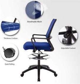 img 3 attached to Adjustable Height Ergonomic Mesh Drafting Chair with Arms - Tall Blue Office Computer Reception Desk Chair