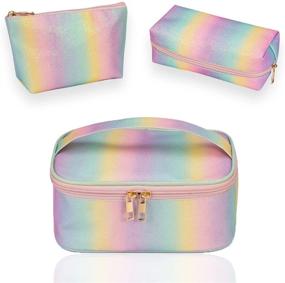 img 4 attached to 🌈 Waterproof Travel Cosmetic Bag Set - Makeup Bag Organizer for Women and Girls with Brush and Jewelry Compartments - Portable Toiletry Bags for Digital Accessories - Washable and Stylish (Rainbow)