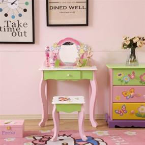 img 2 attached to 🪞 WODENY Children's Dressing Table & Stool Set - Wooden Kids' Vanity Table Set with Mirror for Little Girls - Makeup Bedroom Furniture in Green