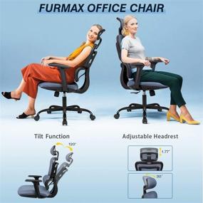 img 3 attached to Furmax Gray Ergonomic Office Chair - High Back Swivel Computer Desk Chair with Adjustable Headrest, Armrests, and Curved Lumbar Support - Executive Rolling Chair in Mesh Fabric