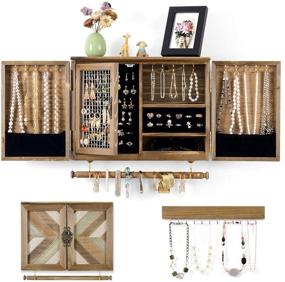 img 4 attached to 🪑 Ikkle Wood Wall-Mounted Jewelry Organizer with Rustic Barn Door Design - Necklace, Earring, Bracelet, Ring Storage and Detachable Bracelet Rod with Hanging Hooks - Jewelry Holder for Easy Access