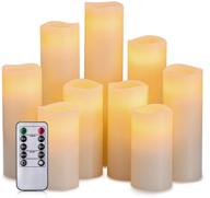 ivory flameless candles - set of 9 battery operated led candles with remote control and timer - real wax pillar flickering candles in h 4", 5", 6", 7", 8", 9" sizes логотип