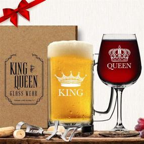 img 4 attached to King Beer Queen Wine Glass Set - Perfect His and Hers Couple Drinkware for Anniversaries and Wedding Gifts - Funny Mr and Mrs Housewarming Glassware - Birthday or Bridal Gift Option - Novelty Royalty Inspired Fancy Glasses