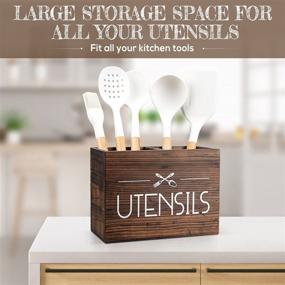 img 3 attached to 🍴 Rustic Wooden Kitchen Utensil Holder with 2 Compartments - PUERSI Organizer for Countertop, Farmhouse Decor and Cooking Accessories Storage (Brown)