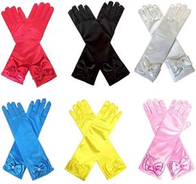 img 4 attached to 👧 Stunning 6 Pairs of Kids Stretch Satin Long Finger Pearl Bow Dress Gloves for Girls