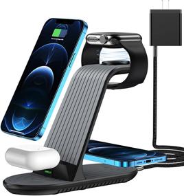 img 4 attached to 🔌 4-in-1 Wireless Charging Station Dock by Jonwelsy - Fast Qi Charger for Apple Watch, Airpods Pro, iPhone 12 Pro Max/11/SE, Samsung Galaxy S21/Note 20 - with 18W QC3.0 Adapter Included