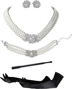 img 4 attached to 🎀 Complete Audrey Hepburn Holly Golightly Costume Accessory Set: Necklace, Earrings, Gloves & Holder