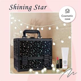 img 3 attached to 💄 Joligrace Makeup Train Case Cosmetic Organizer Box - Lockable 3-Tier Trays with Mirror, Brush Holder - Holographic Iridescent Star Design