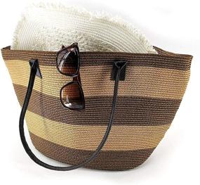 img 4 attached to Wanderlust: Stylish and Spacious Waterproof Beach Bag for Women - Canvas Straw Tote with Shoulder Straps