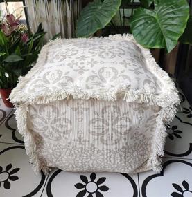 img 4 attached to Boho Hand Woven Cotton Linen Pouf Cover - Floral Beige Footstool Ottoman for Living Room, Bedroom and Under Desk