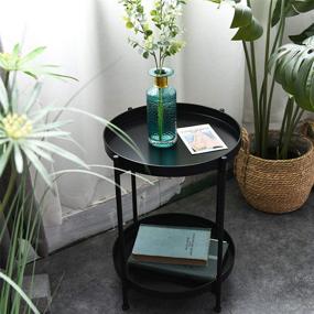 img 1 attached to 🌑 Versatile Round Black Metal End Table & Nightstand: Perfect for Bedroom & Corner Plant Stand Shelf