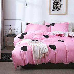 img 3 attached to 👑 Erosebridal Pink Queen Comforter Cover with Black Love Pattern - Girly Bedding Set for Kids, Child, Teens - Cartoon Lightweight Grey Reversible Duvet Cover - Soft Microfiber Bedclothes - Fashion Room Decor