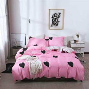 img 4 attached to 👑 Erosebridal Pink Queen Comforter Cover with Black Love Pattern - Girly Bedding Set for Kids, Child, Teens - Cartoon Lightweight Grey Reversible Duvet Cover - Soft Microfiber Bedclothes - Fashion Room Decor