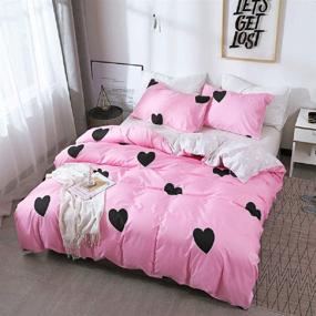 img 2 attached to 👑 Erosebridal Pink Queen Comforter Cover with Black Love Pattern - Girly Bedding Set for Kids, Child, Teens - Cartoon Lightweight Grey Reversible Duvet Cover - Soft Microfiber Bedclothes - Fashion Room Decor