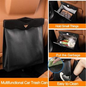 img 3 attached to 🚗 Waterproof Collapsible Car Trash Can with Artificial Leather Storage Pocket, Hanging Reusable Garbage Bag for Travel, Portable Seat Back Garbage Bin with LED Light