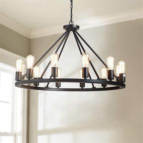 img 4 attached to 🔦 Saint Mossi Vintage Farmhouse Wagon Wheel Chandelier, Black Painted Metal Pendant Lighting with 12 Lights, Rustic Finish, H20" x D32" Including Adjustable Chain