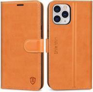 📱 shieldon genuine leather rfid blocking wallet case for iphone 12 pro max - brown | viewing stand, card holder, shockproof cover logo