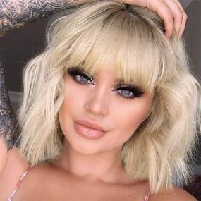 img 4 attached to 🏻 MISSQUEEN Ombre Blonde Wavy Bob Wig with Air Bangs - Synthetic Curly Pastel Bob Wig for Women's Colorful Cosplay & Girl Vibes