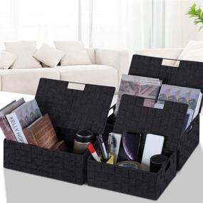 img 2 attached to 📦 Nylon Woven Storage Box with Lid and Carry Handles - Stackable Storage Baskets Bin Container, Black